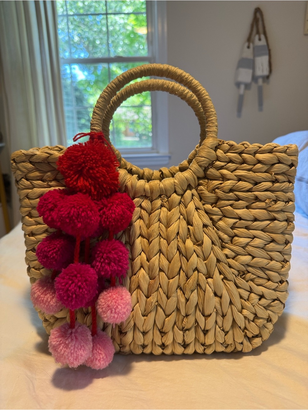 Hat Attack Natural Straw Tote with Pink & Red Pom-Pom Charm